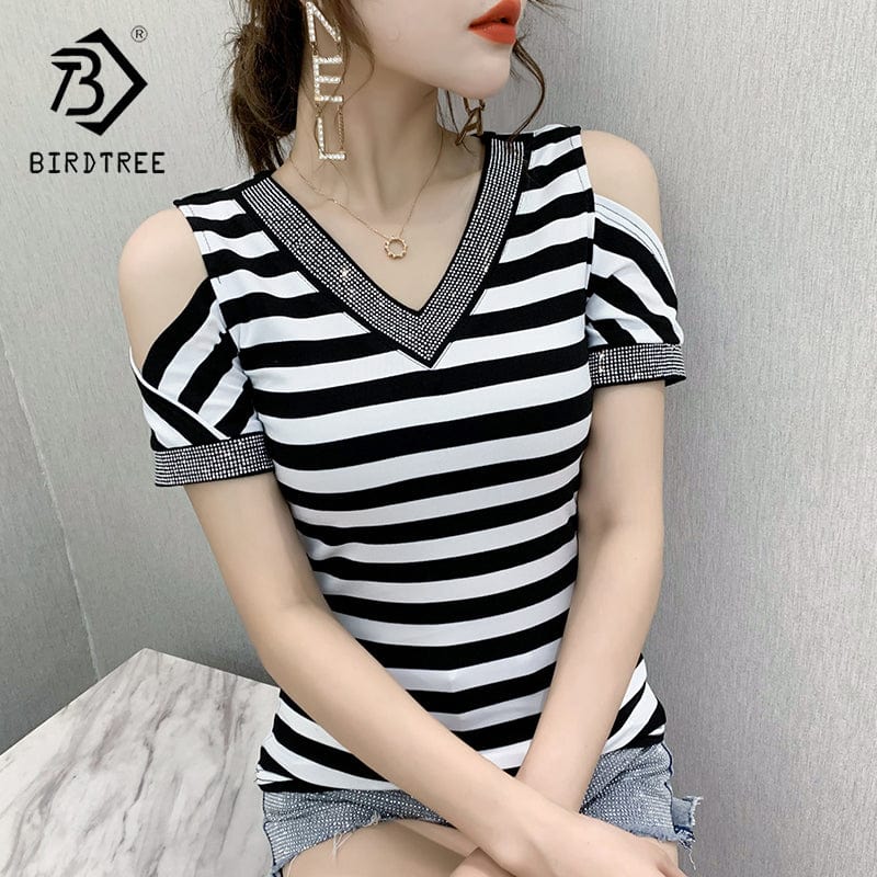 Summer 2022 T-Shirt Women Sexy Off-shoulder V-neck Handmade Diamonds Beading Striped Women Tops Tees Short Sleeve New T25404