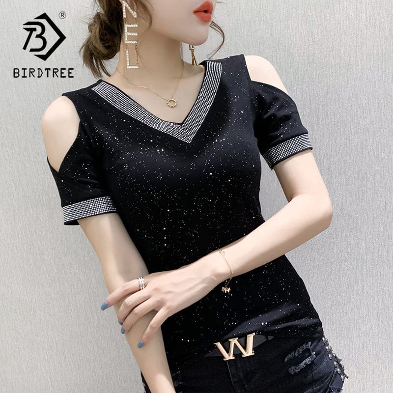 Summer 2022 T-Shirt Women Sexy Off-shoulder V-neck Handmade Diamonds Beading Striped Women Tops Tees Short Sleeve New T25404