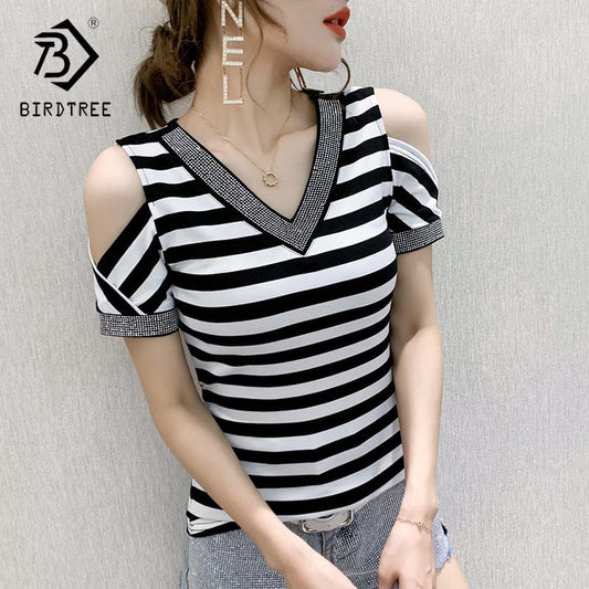 Summer 2022 T-Shirt Women Sexy Off-shoulder V-neck Handmade Diamonds Beading Striped Women Tops Tees Short Sleeve New T25404