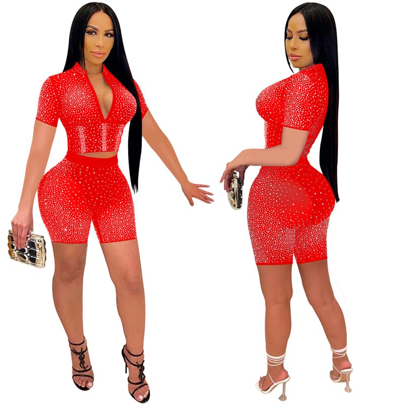 summer 2023 custom luxury glitter diamond rhinestone mesh see through red women jewellery bodycon two 2 piece short set clothes