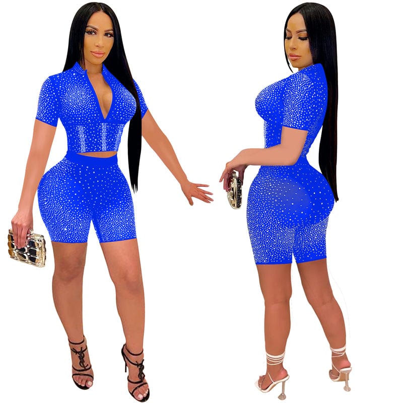 summer 2023 custom luxury glitter diamond rhinestone mesh see through red women jewellery bodycon two 2 piece short set clothes