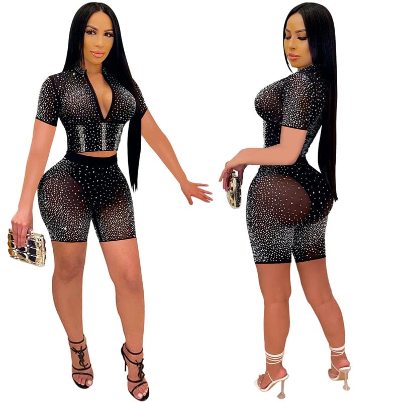 summer 2023 custom luxury glitter diamond rhinestone mesh see through red women jewellery bodycon two 2 piece short set clothes