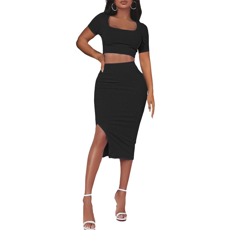 summer 2023 knit Women s Sets plain short sleeve crop top and high slit skirt two 2 piece skirt set crop top with mini skirt