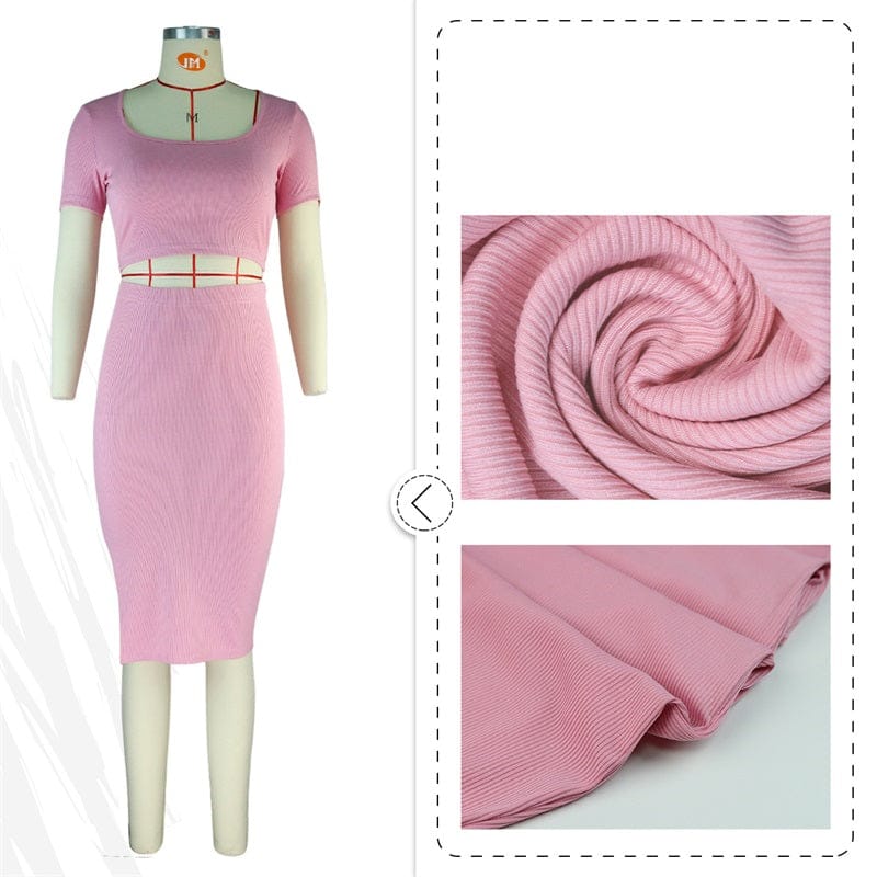 summer 2023 knit Women s Sets plain short sleeve crop top and high slit skirt two 2 piece skirt set crop top with mini skirt