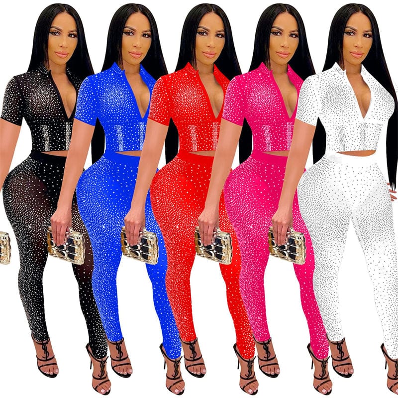 summer 2023 women sexy stretch shining rhinestone crystal mesh fabric two 2 piece crop top pants leggings set clothes applique