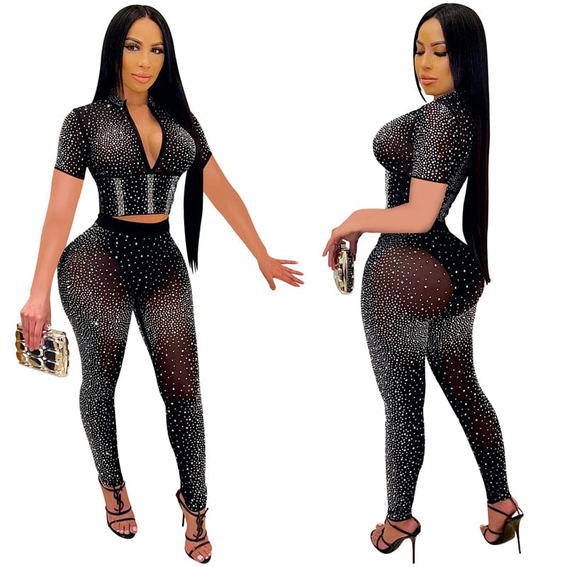summer 2023 women sexy stretch shining rhinestone crystal mesh fabric two 2 piece crop top pants leggings set clothes applique