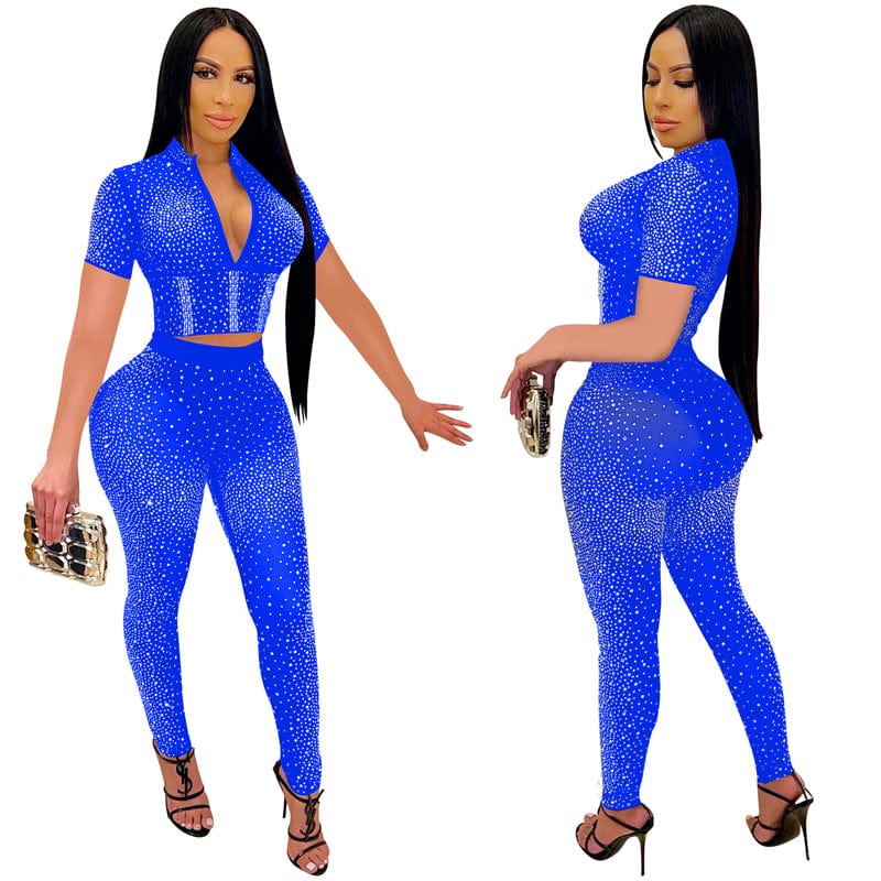 summer 2023 women sexy stretch shining rhinestone crystal mesh fabric two 2 piece crop top pants leggings set clothes applique
