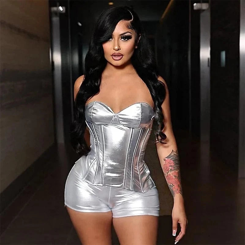 summer 2024 ladies sexy sparkly metallic golden silver fabric women tube top and shorts two 2 piece set clothes outfit for women
