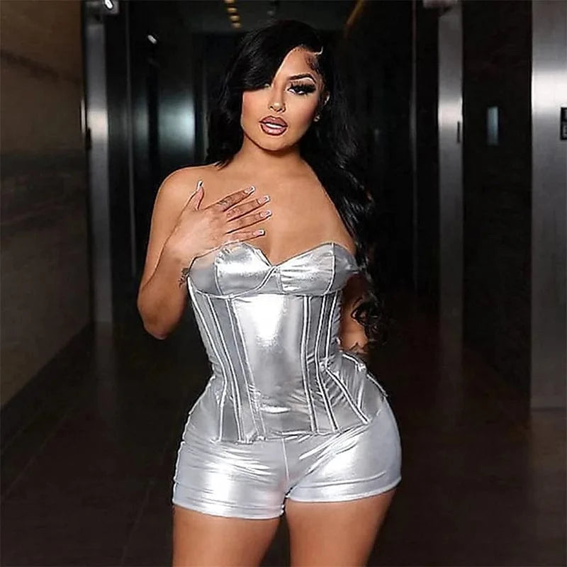 summer 2024 ladies sexy sparkly metallic golden silver fabric women tube top and shorts two 2 piece set clothes outfit for women