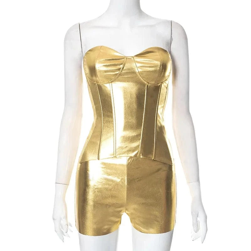 summer 2024 ladies sexy sparkly metallic golden silver fabric women tube top and shorts two 2 piece set clothes outfit for women