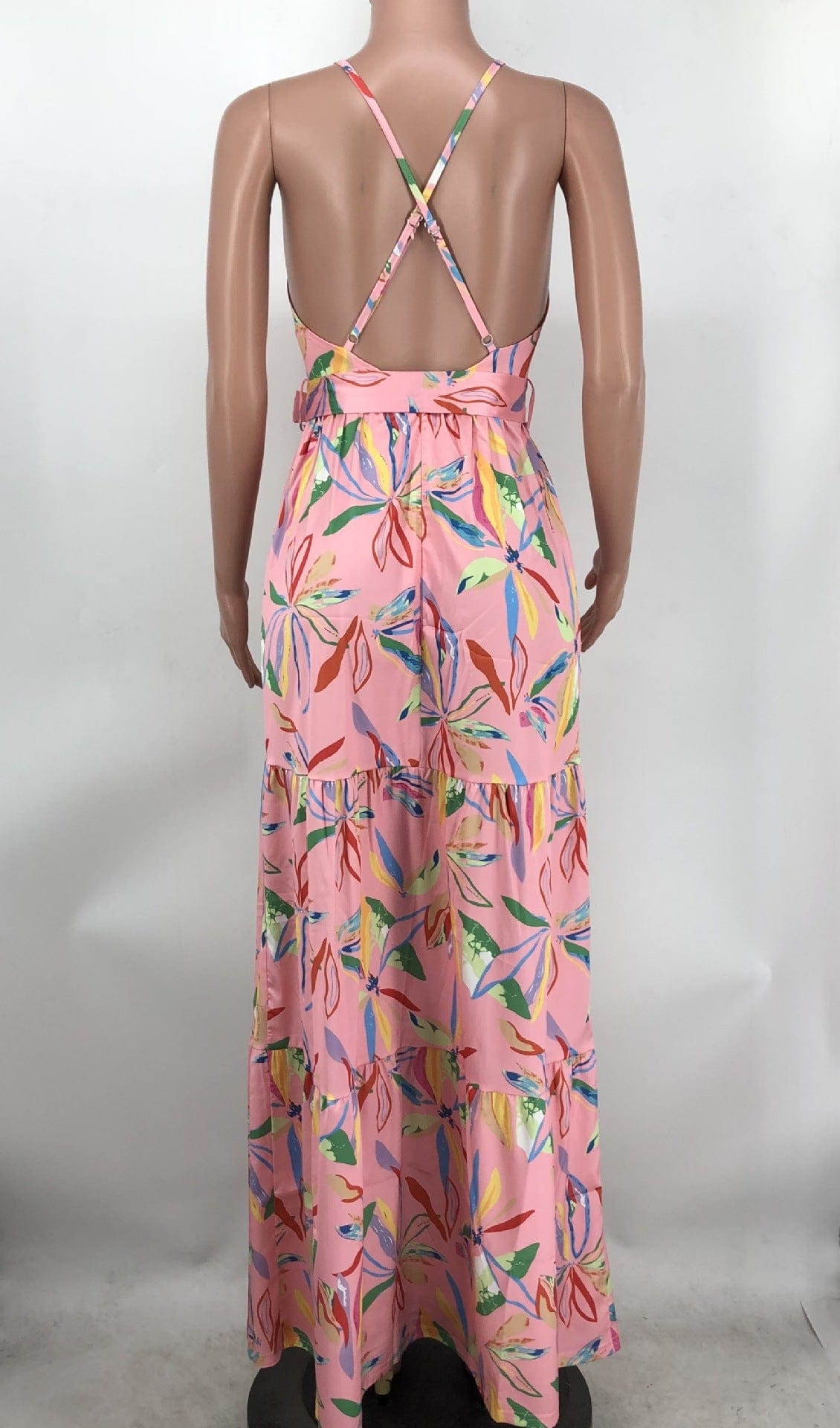 Summer Beach Printed Lady Elegant Sleeveless Long Maxi Dress Women Sexy Deep V Neck Backless Casual Party Dresses Women