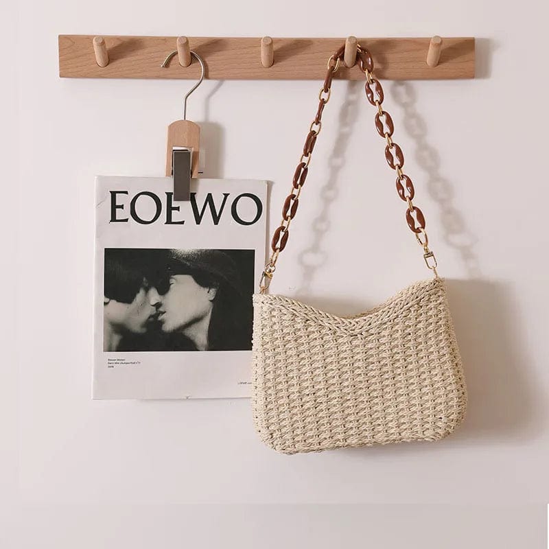 Summer Beach Straw Bags Exquisite Acrylic Chain Party Banquet Purse Hand Woven Handbag Female Clutch Shoulder Crossbody Bags