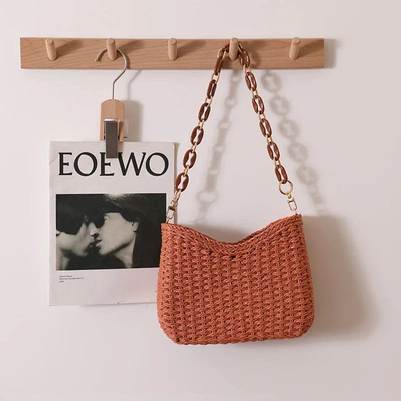 Summer Beach Straw Bags Exquisite Acrylic Chain Party Banquet Purse Hand Woven Handbag Female Clutch Shoulder Crossbody Bags