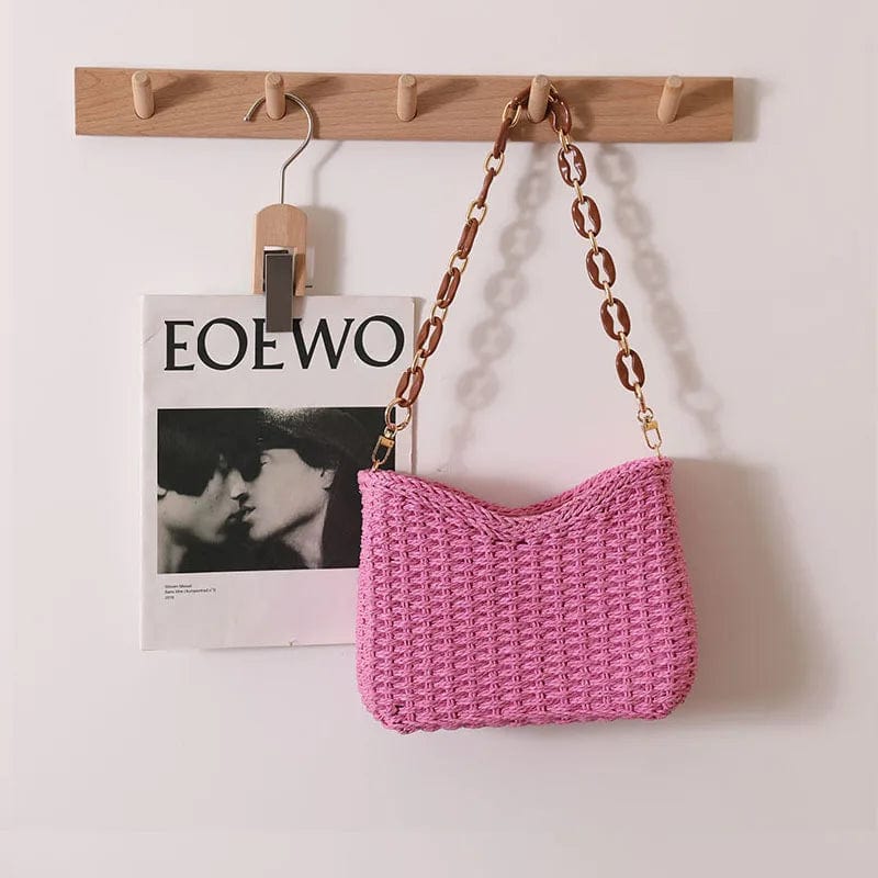 Summer Beach Straw Bags Exquisite Acrylic Chain Party Banquet Purse Hand Woven Handbag Female Clutch Shoulder Crossbody Bags