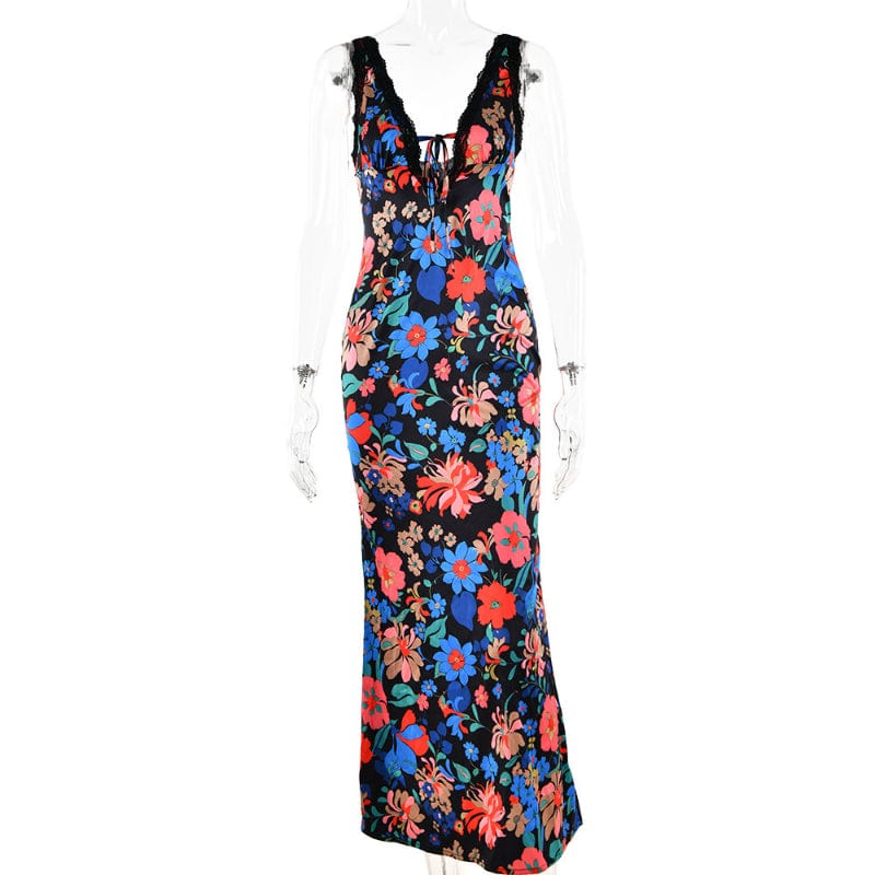 Summer Casual Evening Party Club Dress 2023 Tie Dye Floralprint Lace Deep V Midi Elegant Women Dresses