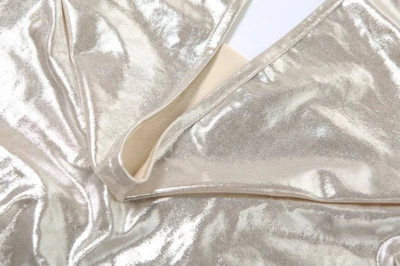 Summer Casual Fashion Metallic Bodycon Sleeveless Women Lady Deep V Neck One Piece Short Romper Backless Women Jumpsuit