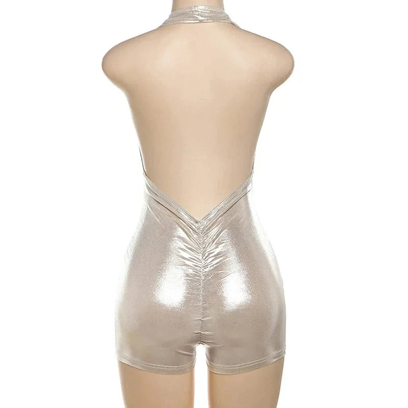 Summer Casual Fashion Metallic Bodycon Sleeveless Women Lady Deep V Neck One Piece Short Romper Backless Women Jumpsuit