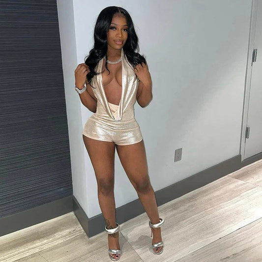 Summer Casual Fashion Metallic Bodycon Sleeveless Women Lady Deep V Neck One Piece Short Romper Backless Women Jumpsuit