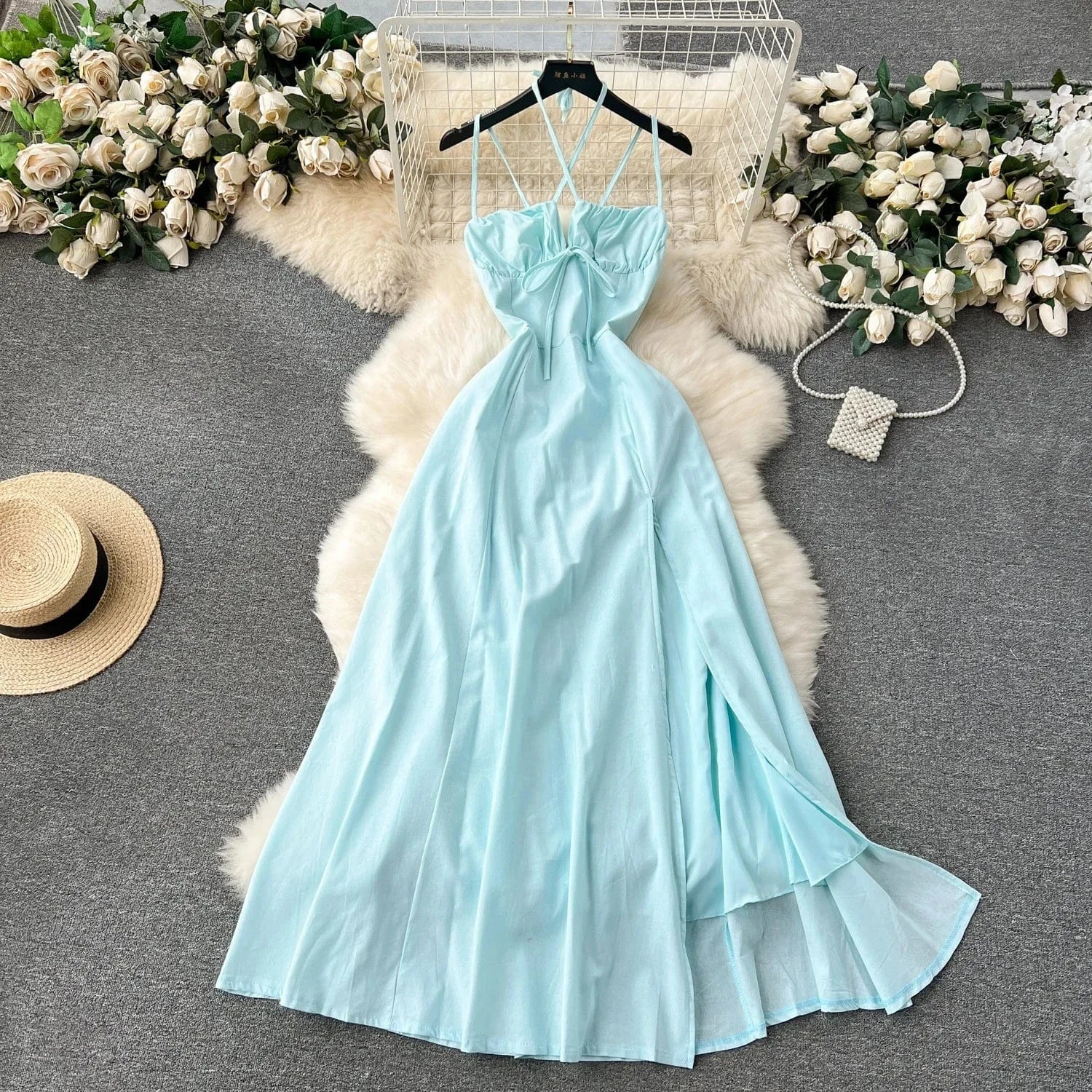 Summer Casual Halter Slit Dress For Women Sleeveless Hollow Out Women's Fashion Dresses