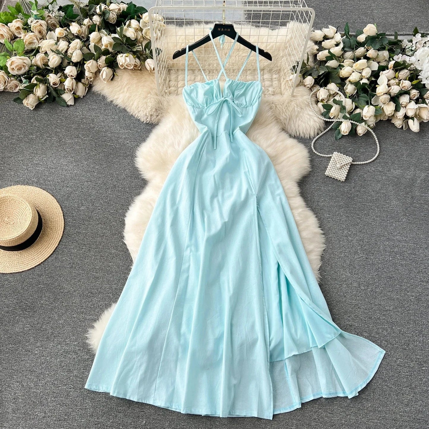 Summer Casual Halter Slit Dress For Women Sleeveless Hollow Out Women's Fashion Dresses