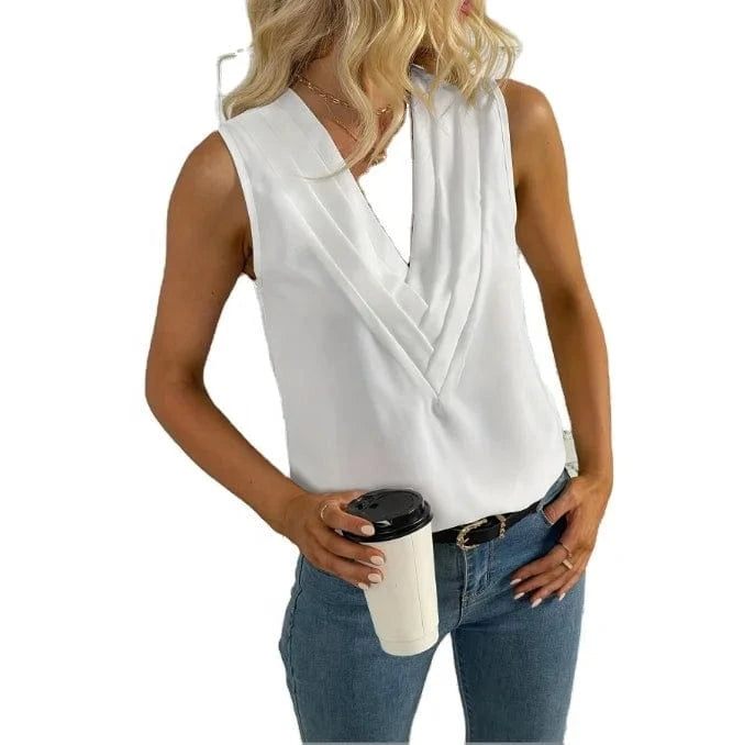 Summer Casual Loose Women's Tank Tops Sleeveless V-neck Custom Vest Solid Color Pleated Vest For Women