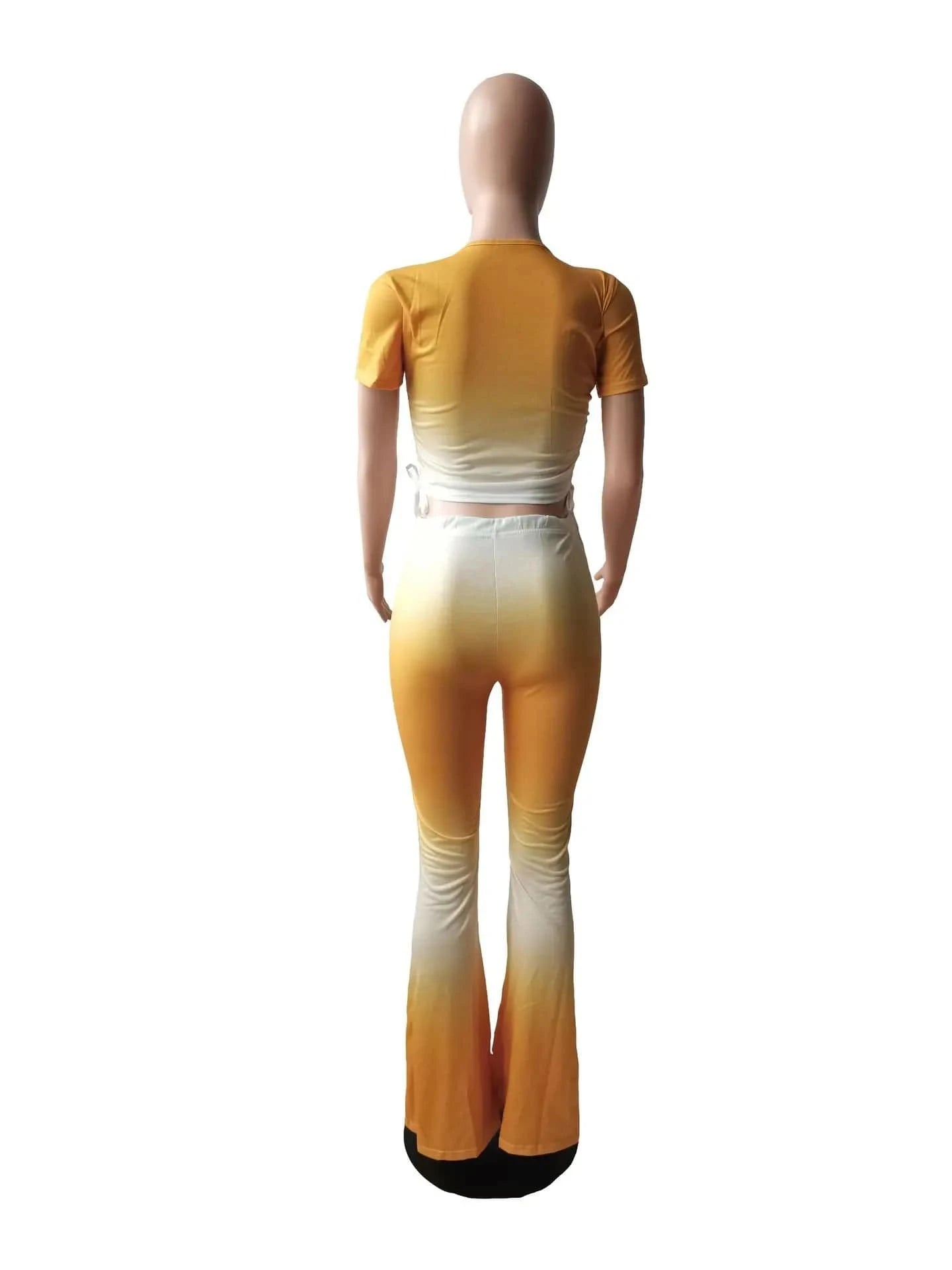 Summer Casual Ombre Short Sleeve Bell Bottoms Trousers Outfits Sexy Crop Top 2 Two Piece Flare Pants Set Women Clothing