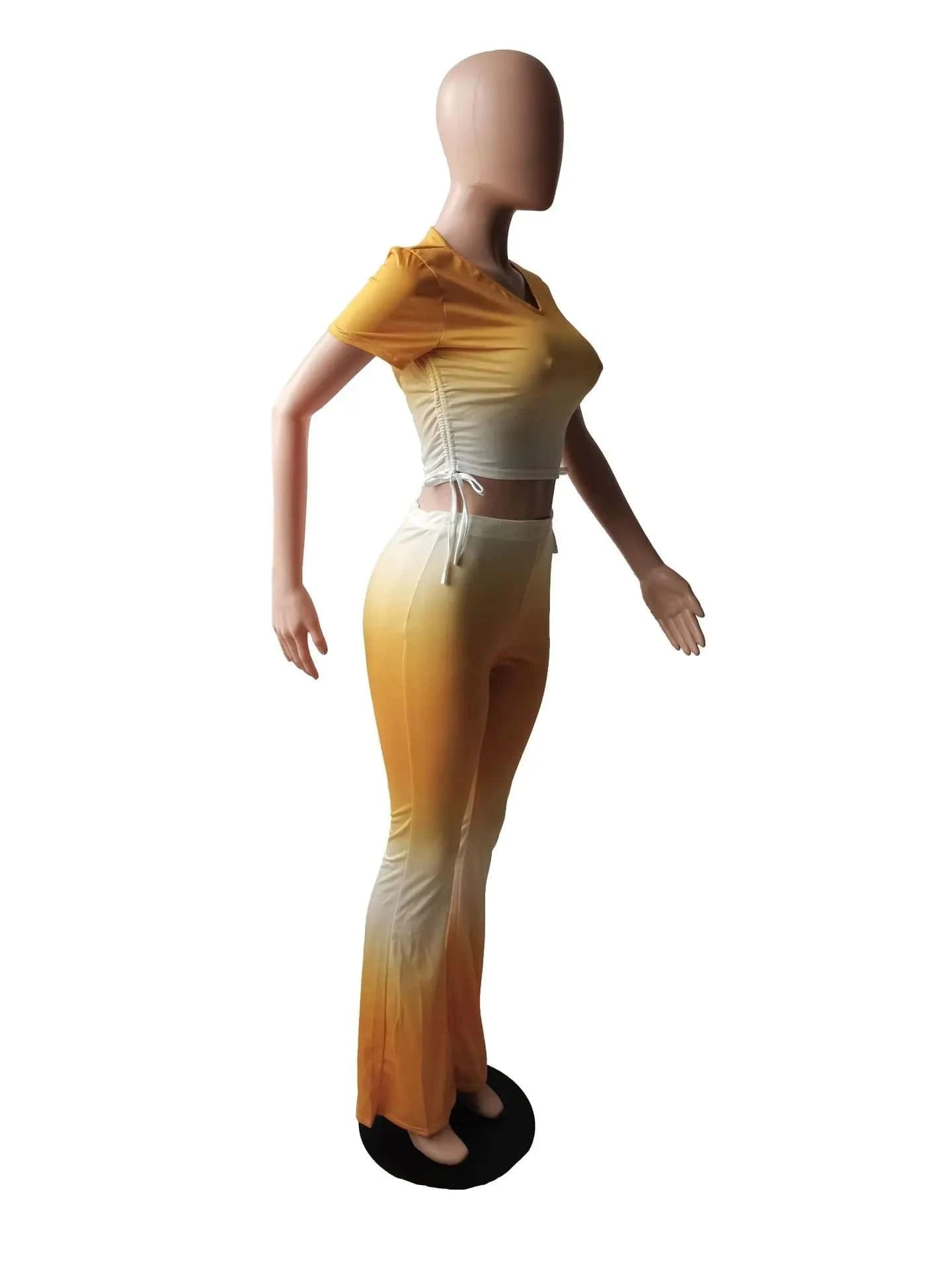 Summer Casual Ombre Short Sleeve Bell Bottoms Trousers Outfits Sexy Crop Top 2 Two Piece Flare Pants Set Women Clothing