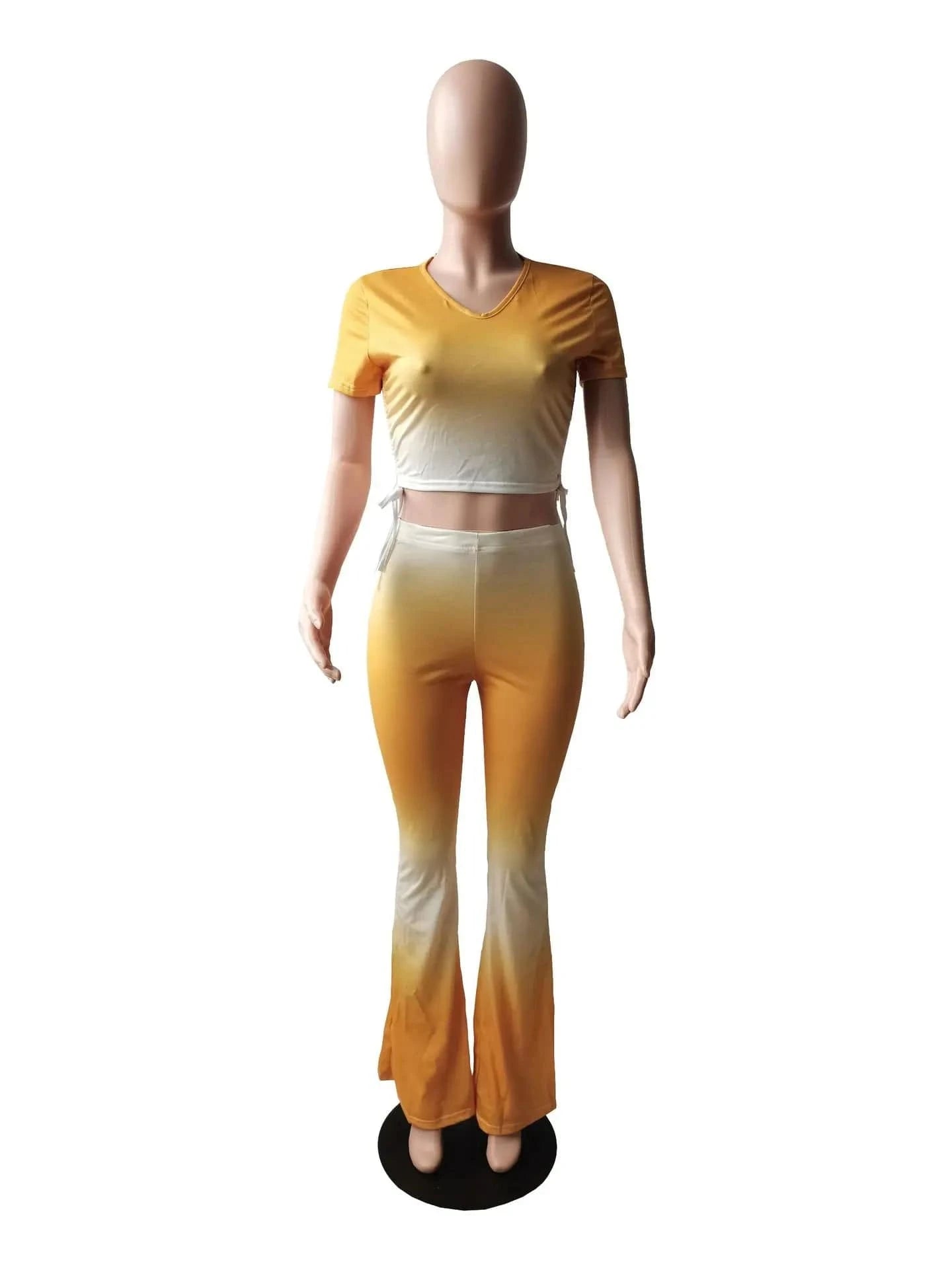 Summer Casual Ombre Short Sleeve Bell Bottoms Trousers Outfits Sexy Crop Top 2 Two Piece Flare Pants Set Women Clothing