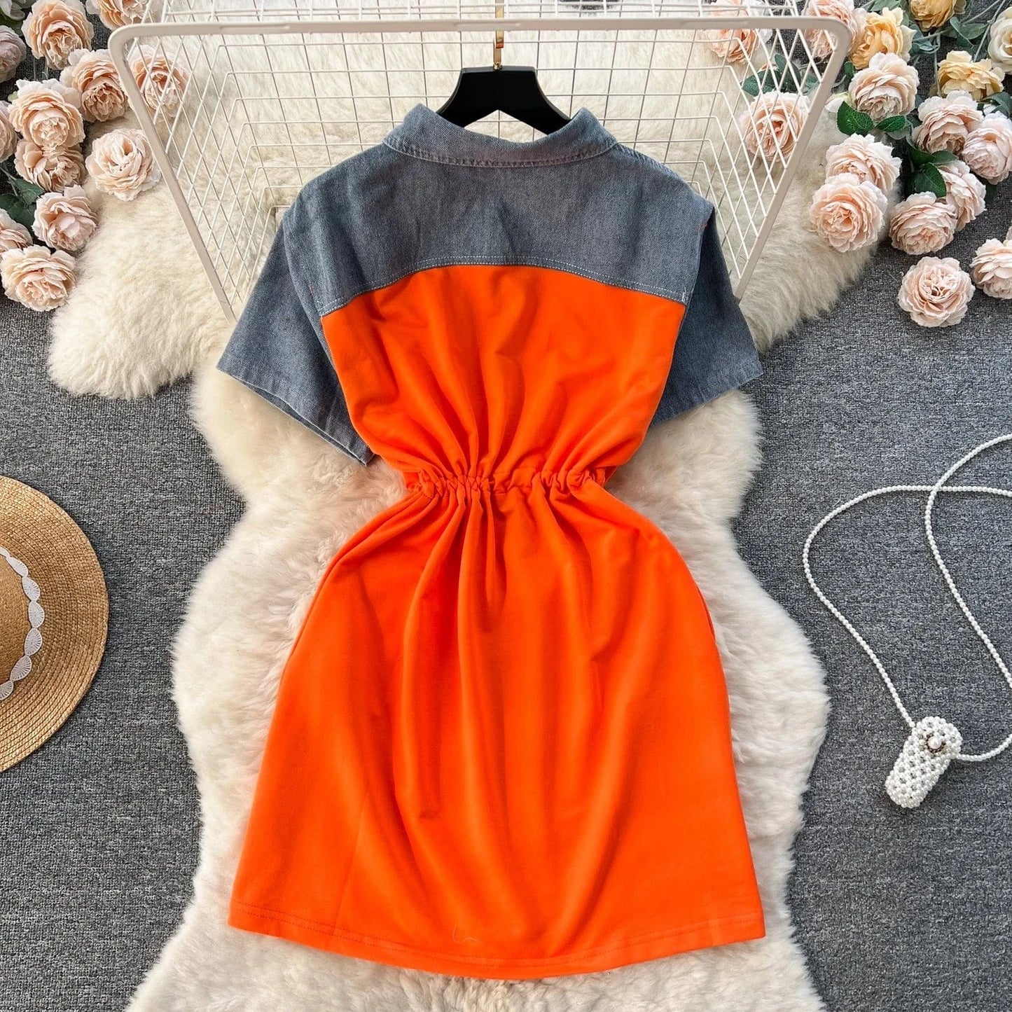 Summer Casual Polo Collar Midi Dress For Women Empire Patchwork Contrast Color Denim Fashion Dresses