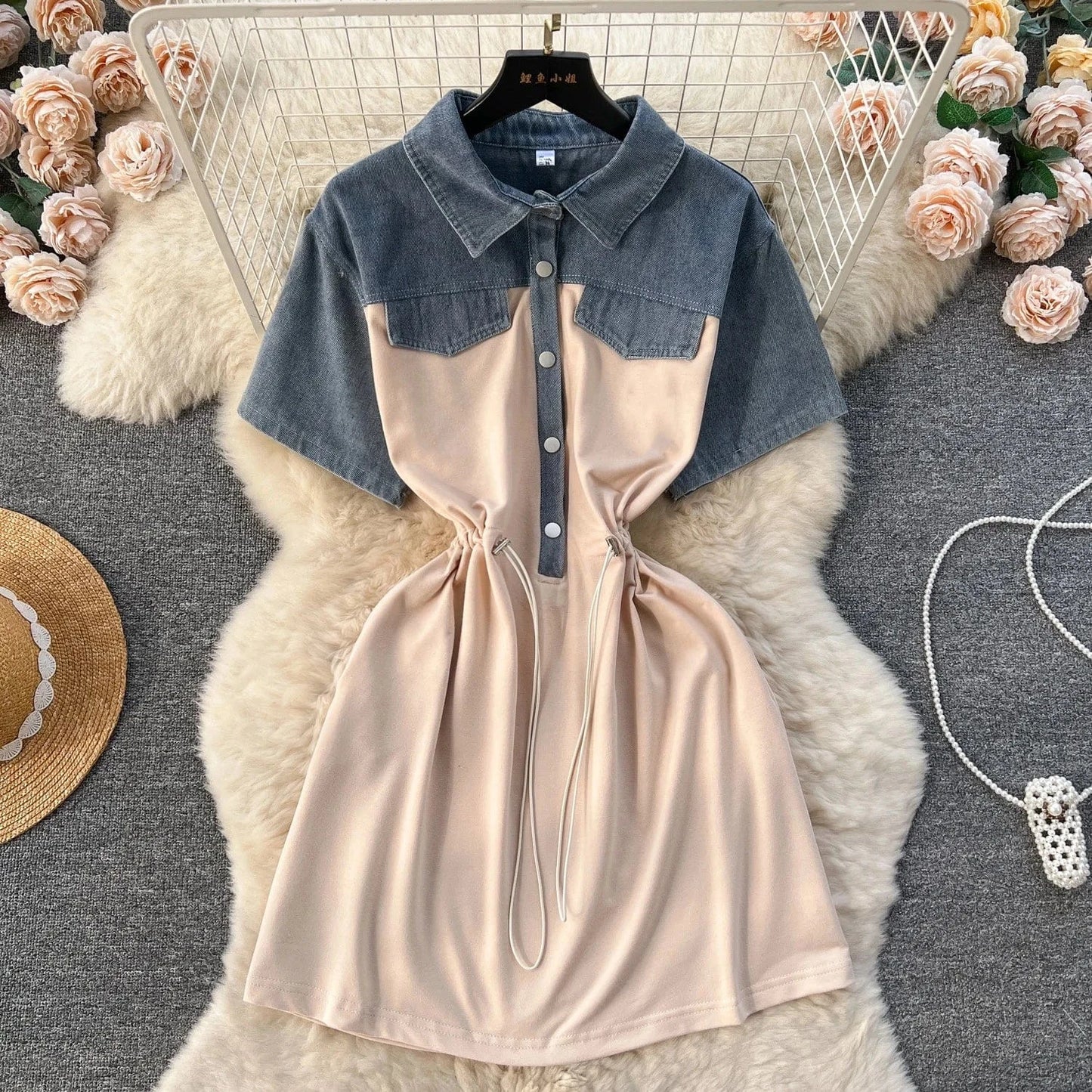 Summer Casual Polo Collar Midi Dress For Women Empire Patchwork Contrast Color Denim Fashion Dresses