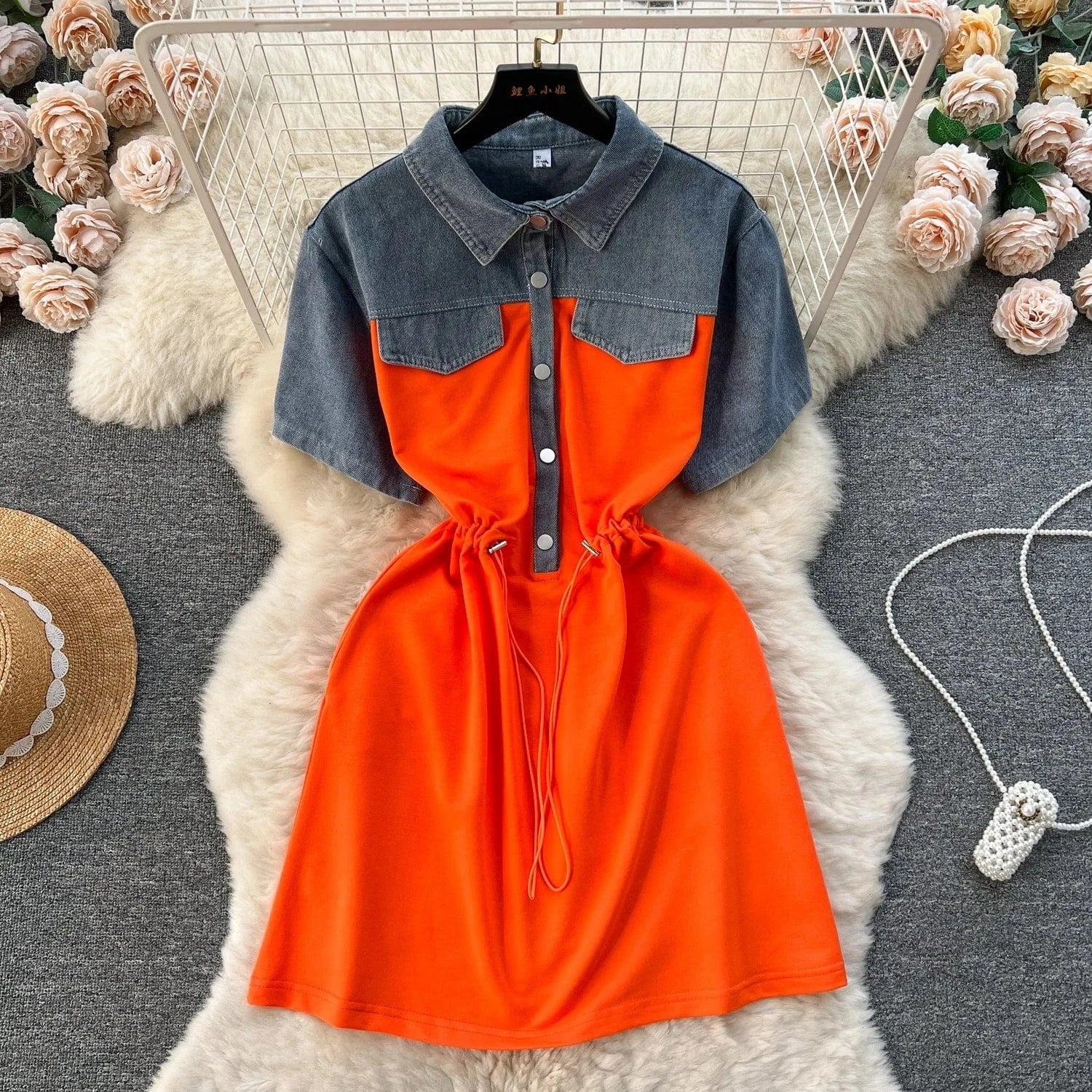 Summer Casual Polo Collar Midi Dress For Women Empire Patchwork Contrast Color Denim Fashion Dresses