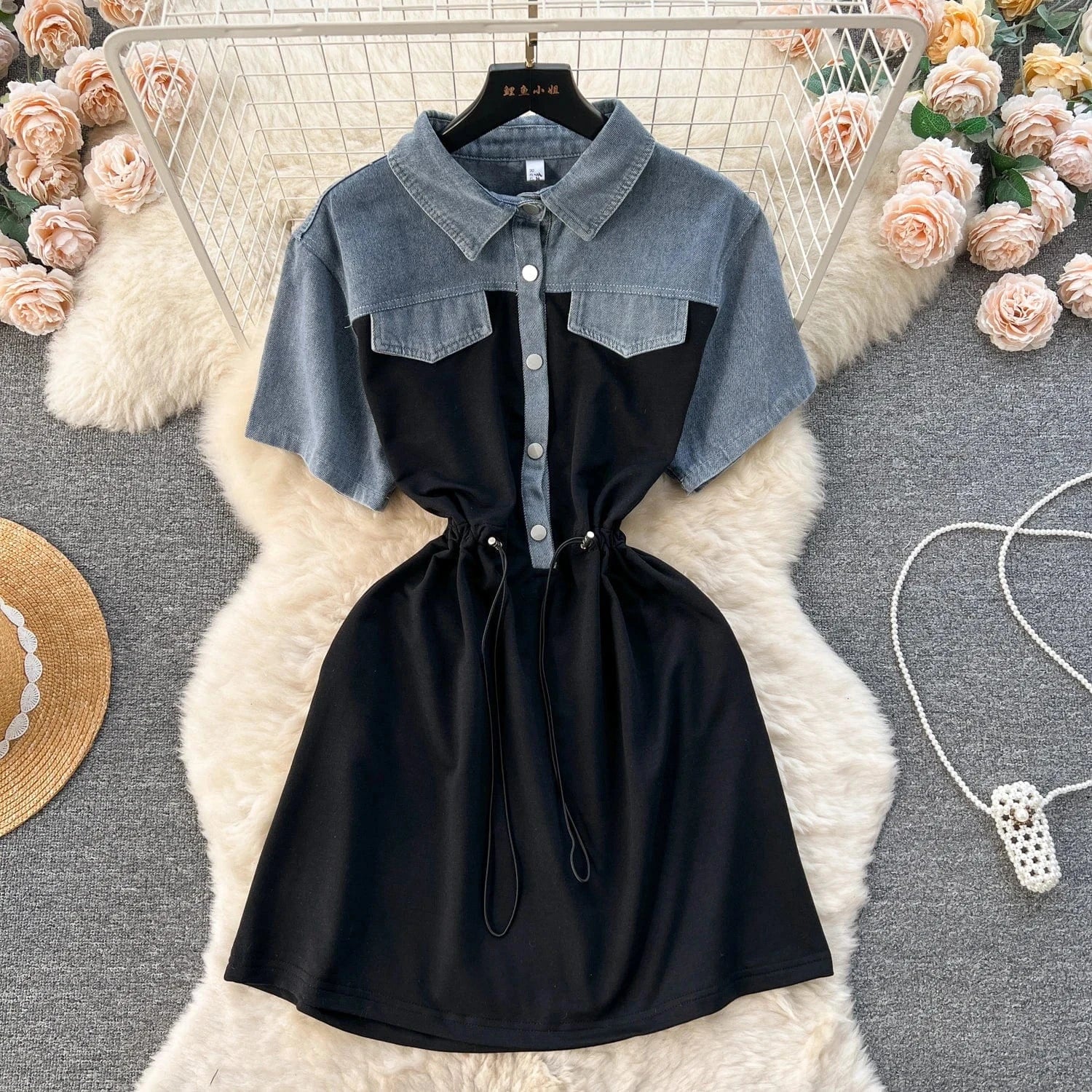 Summer Casual Polo Collar Midi Dress For Women Empire Patchwork Contrast Color Denim Fashion Dresses