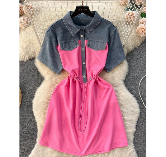 Summer Casual Polo Collar Midi Dress For Women Empire Patchwork Contrast Color Denim Fashion Dresses