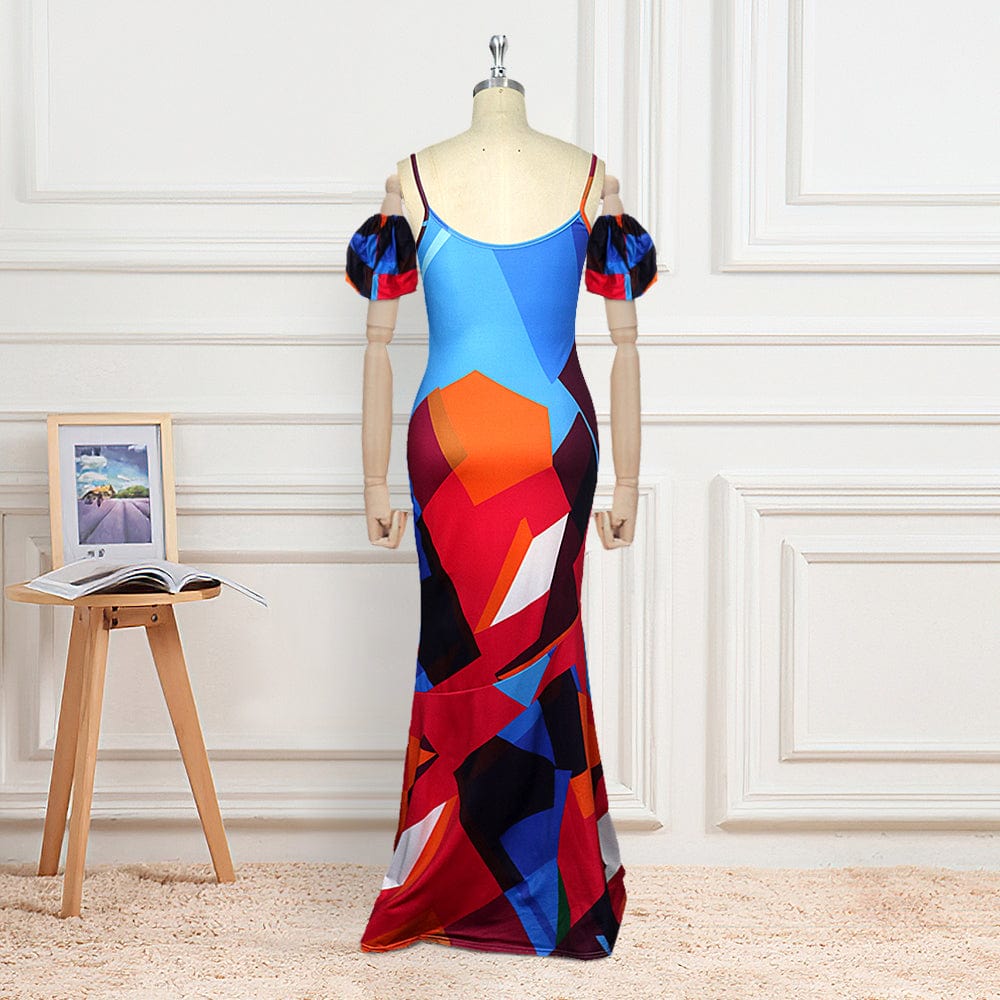 Summer Colorful Print Short Puff Sleeve Geometric Women Casual Dresses