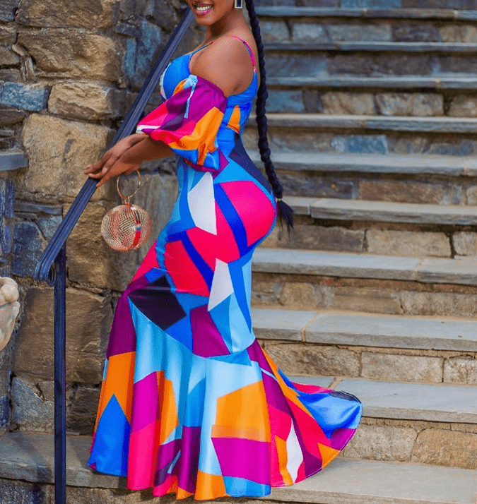 Summer Colorful Print Short Puff Sleeve Geometric Women Casual Dresses