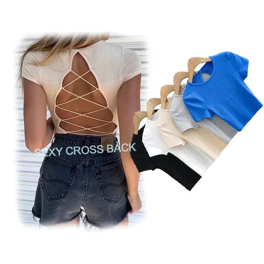 Summer Crew Neck Basic Backless Strap Cross Hot Girl Crop Women Rib T-shirts