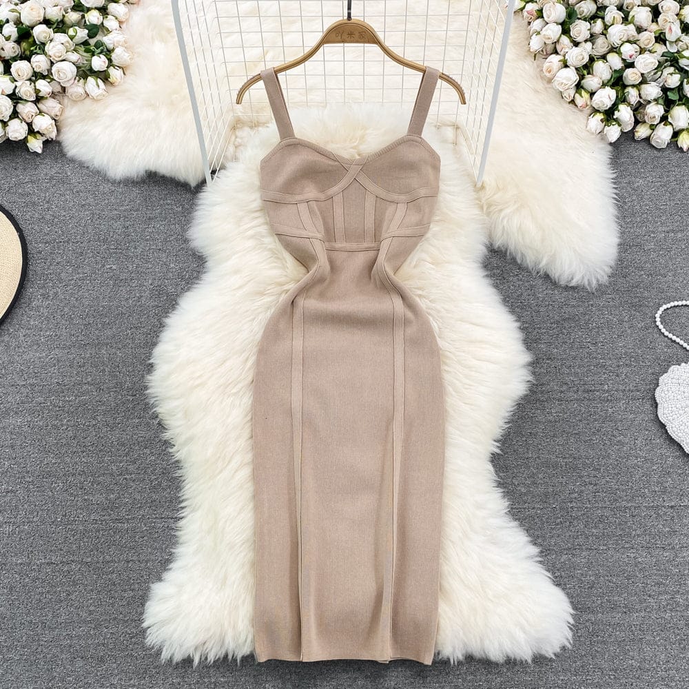 Summer Elegant Plain Color Chest Wrap Backless Willowy Knit Dress Women Casual Contrast Color Slim Party Dresses Ladies