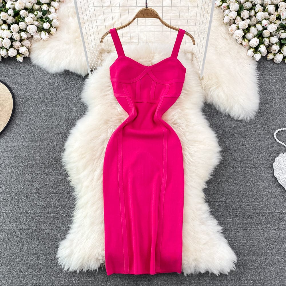 Summer Elegant Plain Color Chest Wrap Backless Willowy Knit Dress Women Casual Contrast Color Slim Party Dresses Ladies