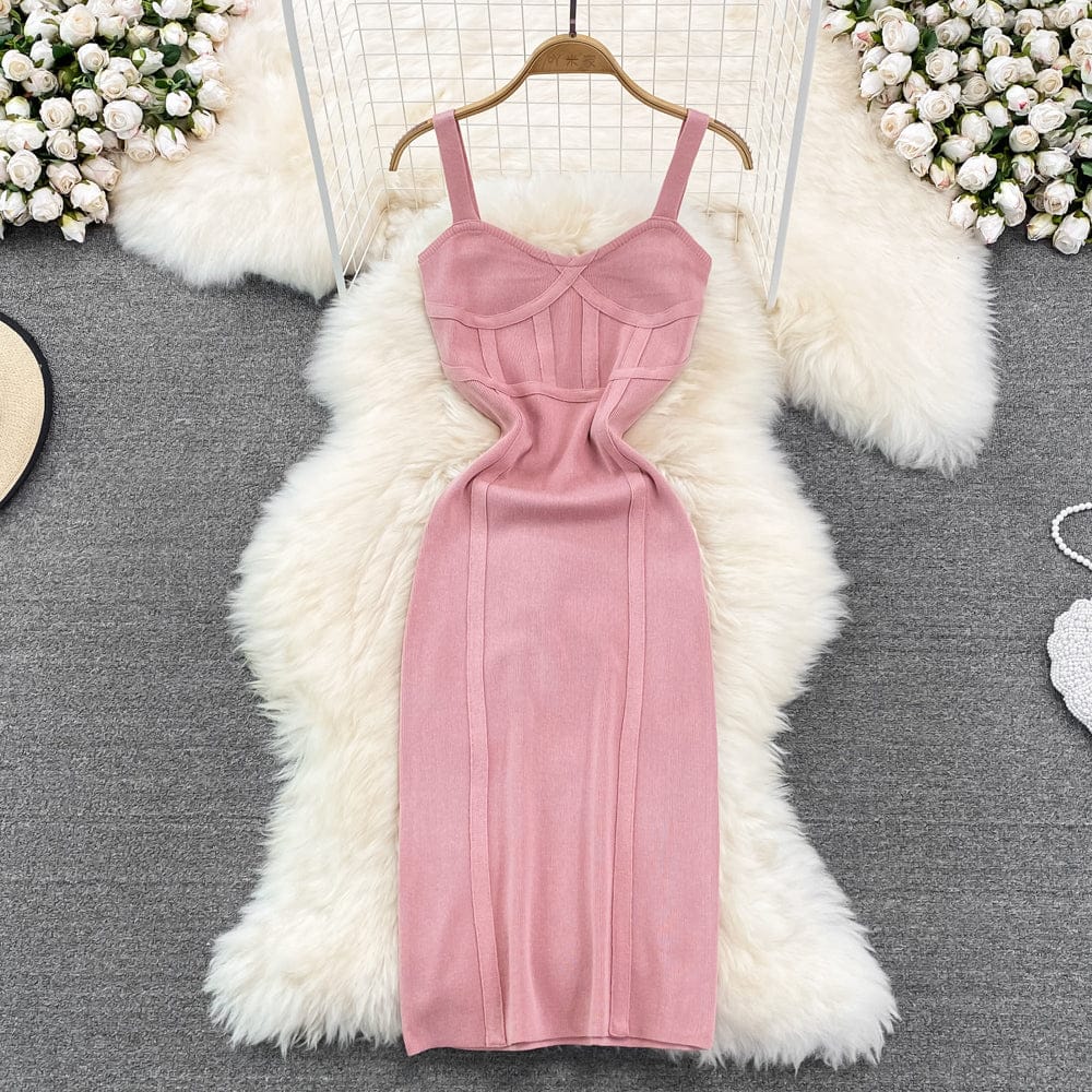 Summer Elegant Plain Color Chest Wrap Backless Willowy Knit Dress Women Casual Contrast Color Slim Party Dresses Ladies