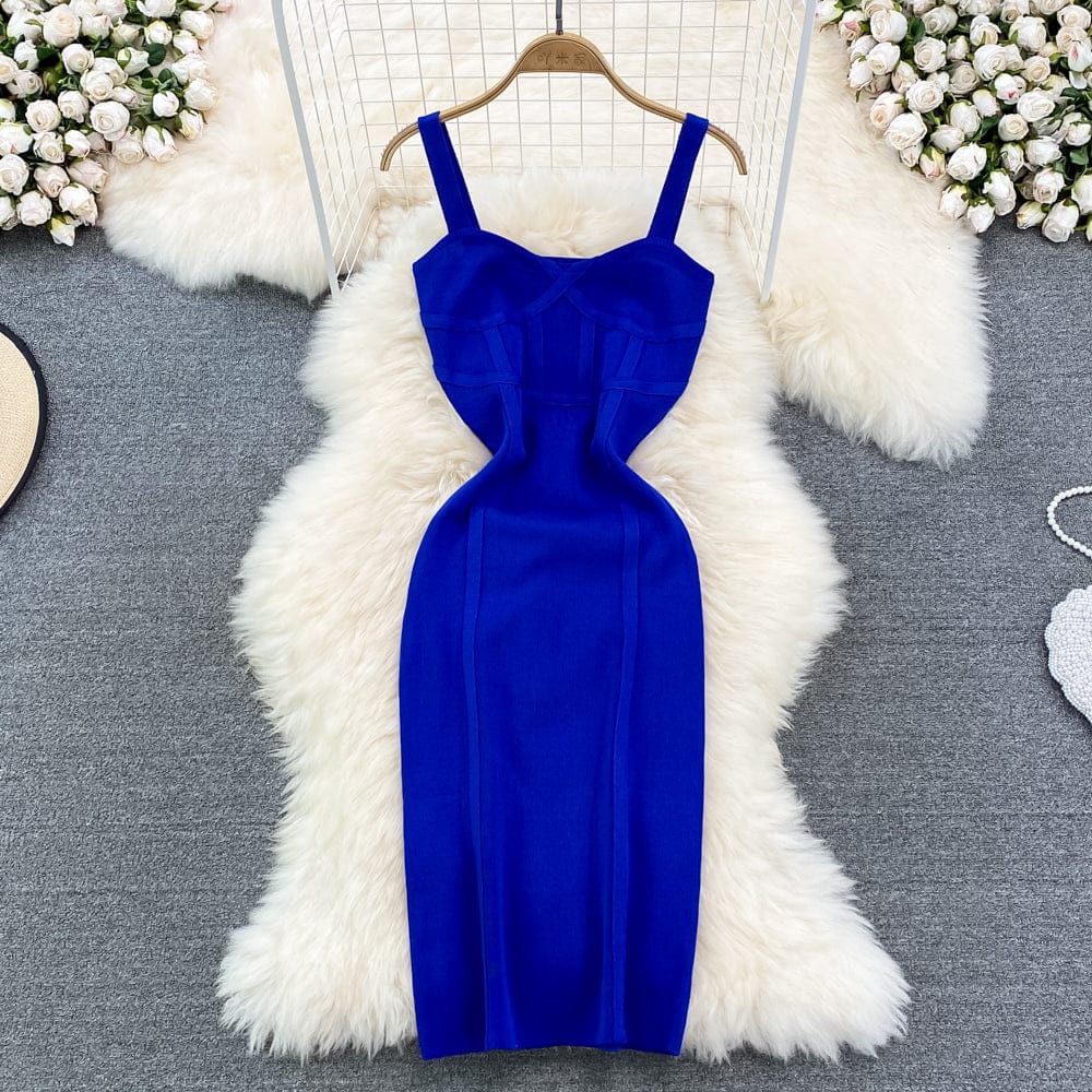 Summer Elegant Plain Color Chest Wrap Backless Willowy Knit Dress Women Casual Contrast Color Slim Party Dresses Ladies