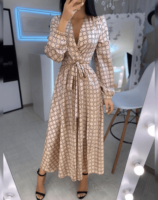 Summer Elegant V Neck Printed Geometric Waist Belt Casual Dress Women