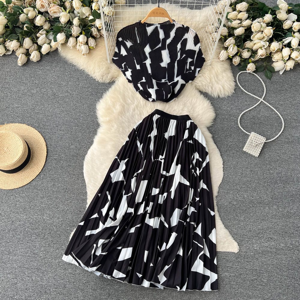 Summer European and American fashion printing suit Women's French chic top+mid-length pleated skirt two-piece suit