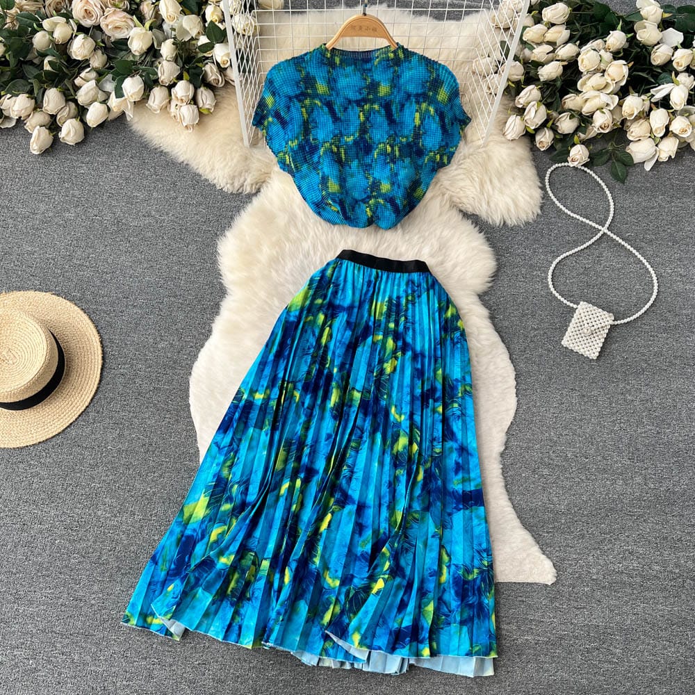 Summer European and American fashion printing suit Women's French chic top+mid-length pleated skirt two-piece suit
