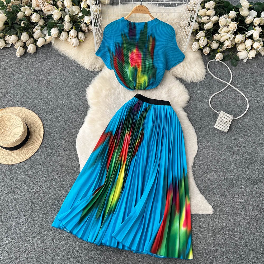 Summer European and American fashion printing suit Women's French chic top+mid-length pleated skirt two-piece suit