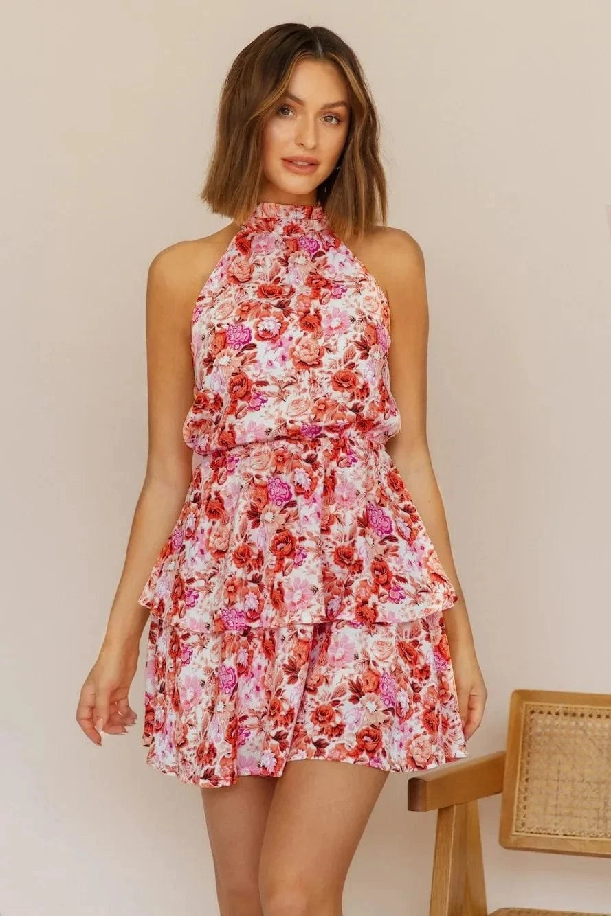 Summer Fashion Casual Dress Sexy Beach Vacation Hanging Neck Band Flower Sleeveless A-line Dress Women