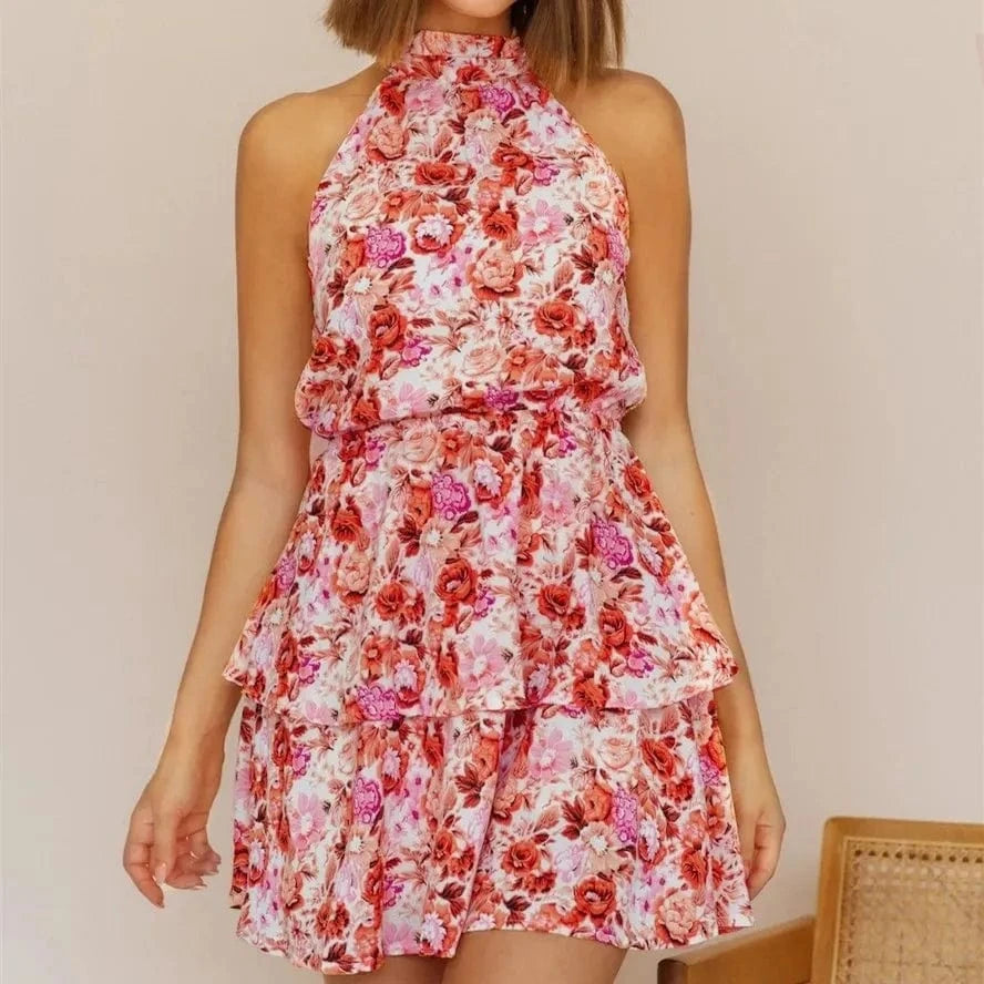 Summer Fashion Casual Dress Sexy Beach Vacation Hanging Neck Band Flower Sleeveless A-line Dress Women