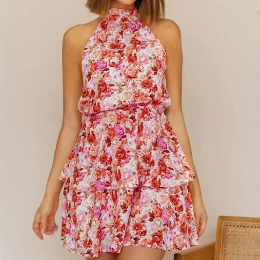 Summer Fashion Casual Dress Sexy Beach Vacation Hanging Neck Band Flower Sleeveless A-line Dress Women