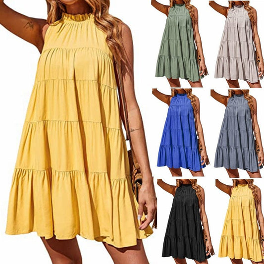 Summer Fashion Elegant Casual A line Dresses Halter Neck Ruffles Tiered Girls Mini Beach Dress