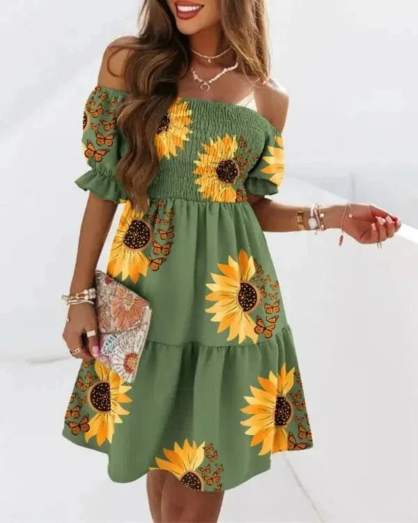 Summer Fashion Off Shoulder Short Sleeve Midi Dress Elegant Women's Printing Casual Backless Floral Beach Women's Dresses