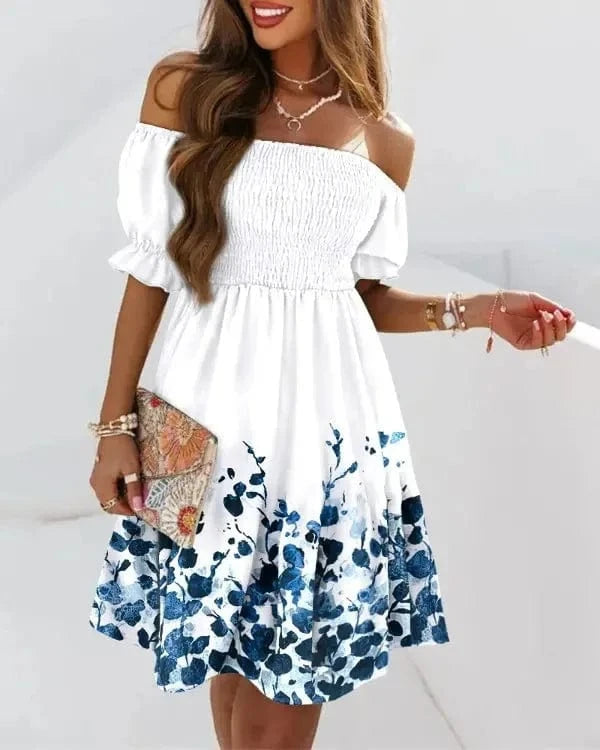 Summer Fashion Off Shoulder Short Sleeve Midi Dress Elegant Women's Printing Casual Backless Floral Beach Women's Dresses